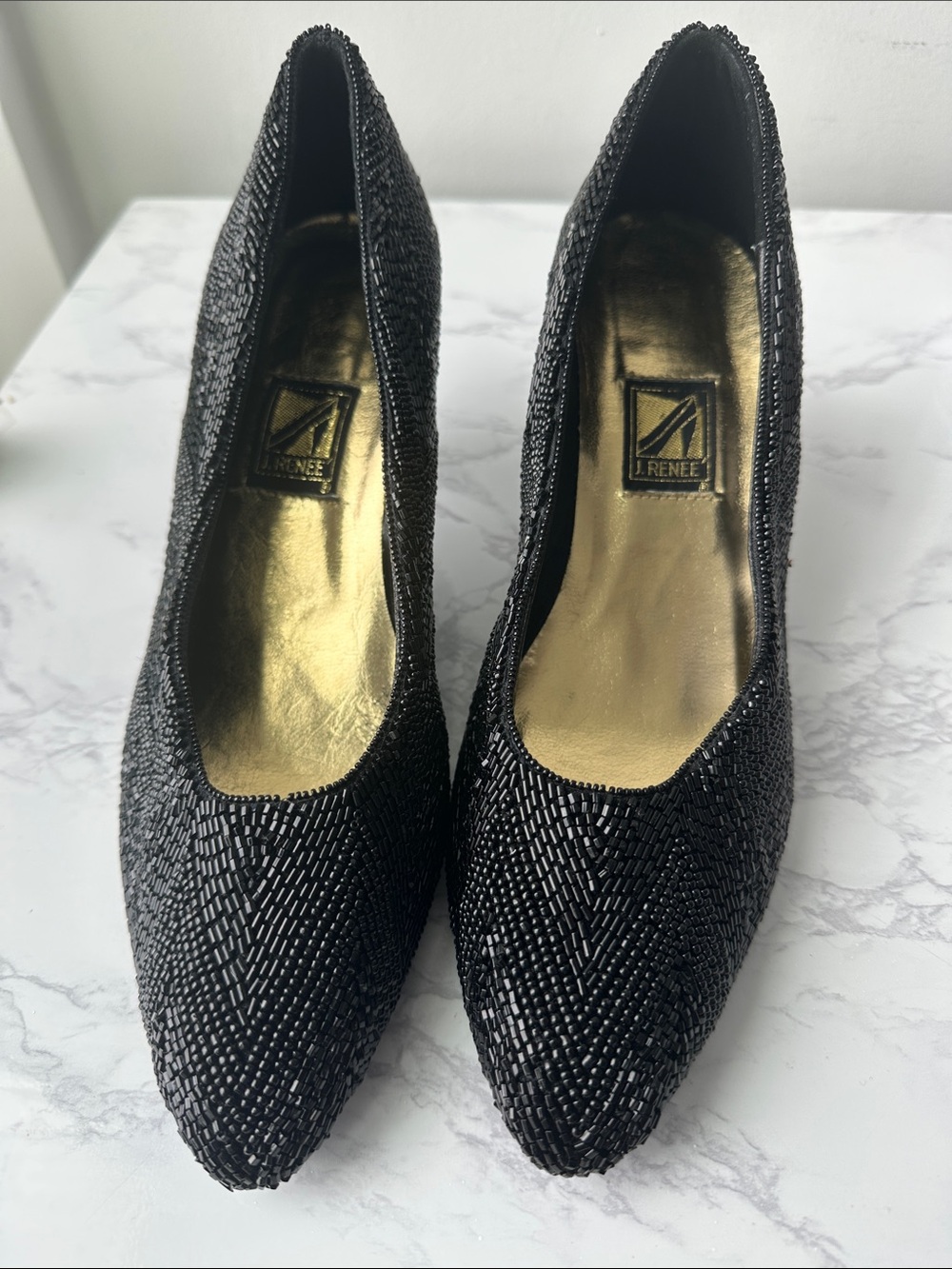 J.Renee Black Beaded Pointed-Toe Heels